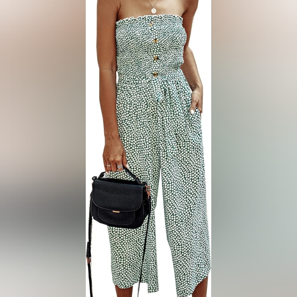 Angashion Women's Strapless Jumpsuit in Green Print Sz Medium